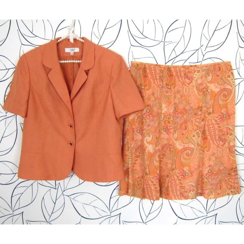Le Suit Skirt Suit Solid Orange Short Sleeve Blazer & Floral Skirt Size 18